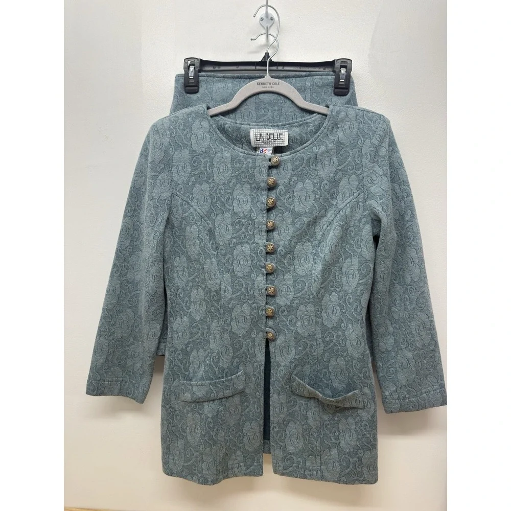 Vintage 80s La Belle Set Sage Green Floral Knit Jacket Size 11 Skirt‎ Size 7 #4